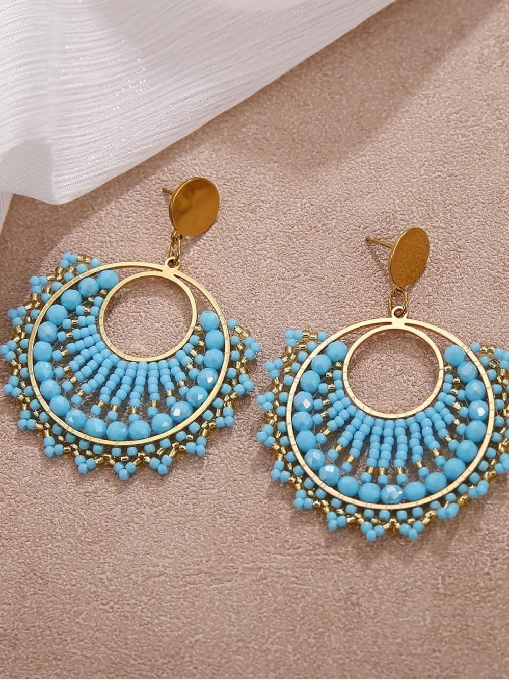 Anthropologie Gold and Light Blue Beaded Hoop Earrings - Picture 2 of 3